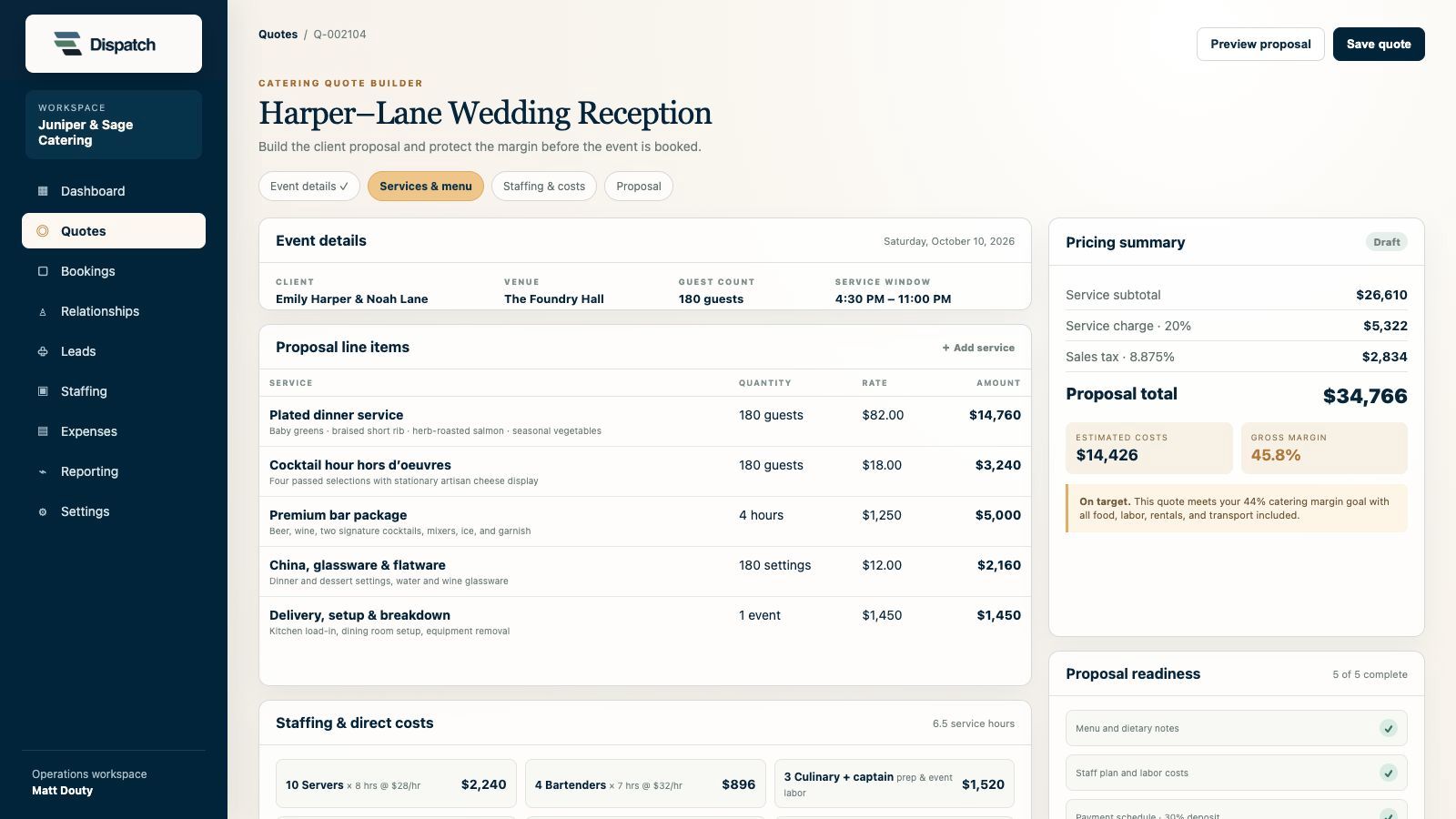 Dispatch catering quote builder showing menu services, staffing, costs, and pricing for a 180-guest wedding reception