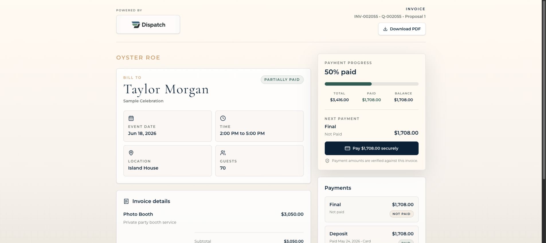 Dispatch client invoice showing payment progress, balance, secure payment processing, and payment history