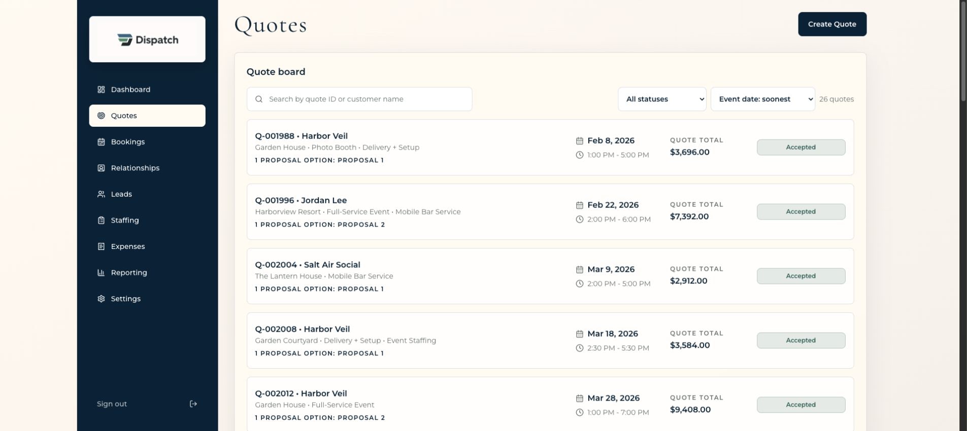Dispatch quote board showing searchable event proposals, dates, totals, and approval status
