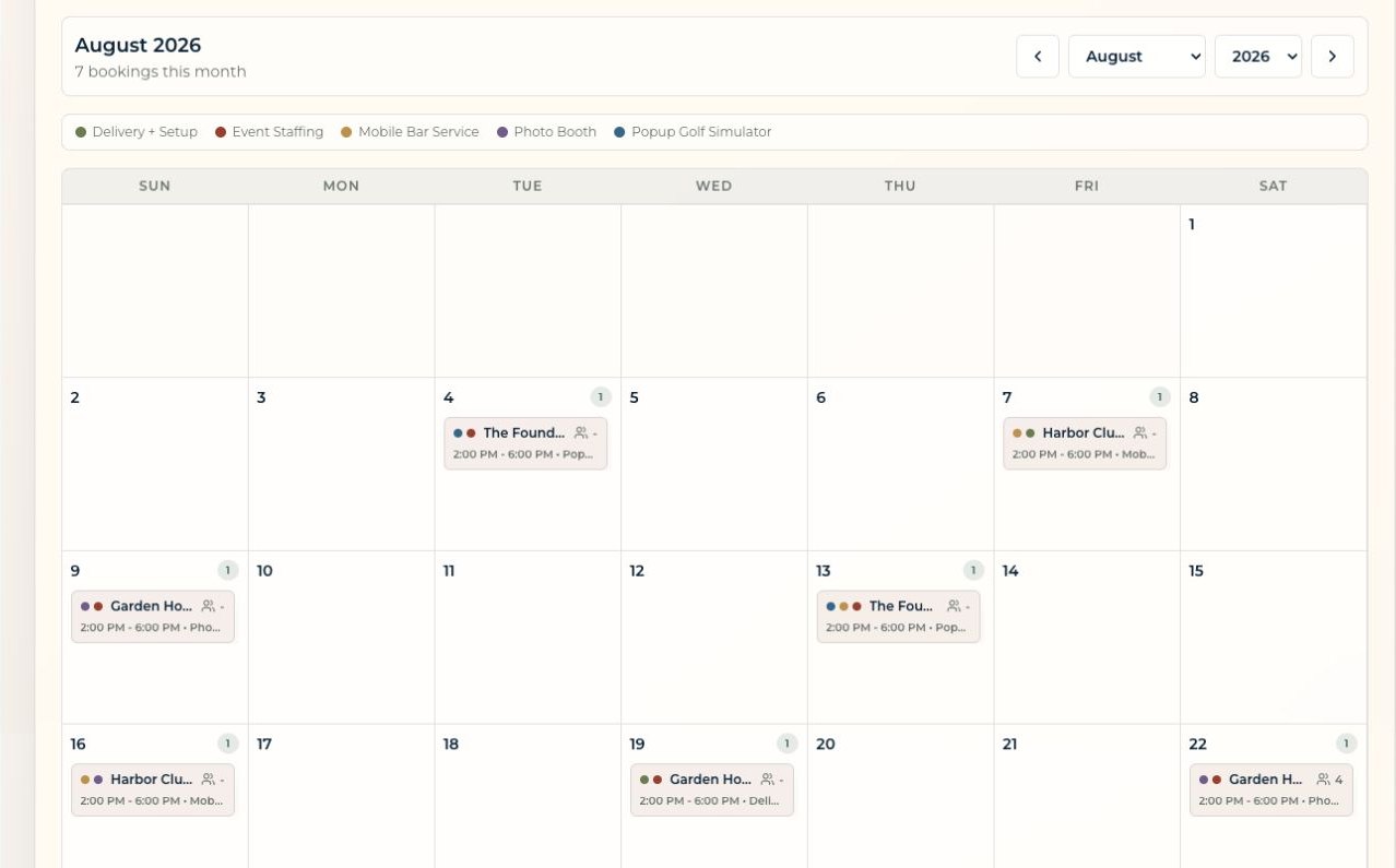 Dispatch booking calendar showing seven August 2026 events across golf simulator, mobile bar, photo booth, staffing, delivery, and setup services